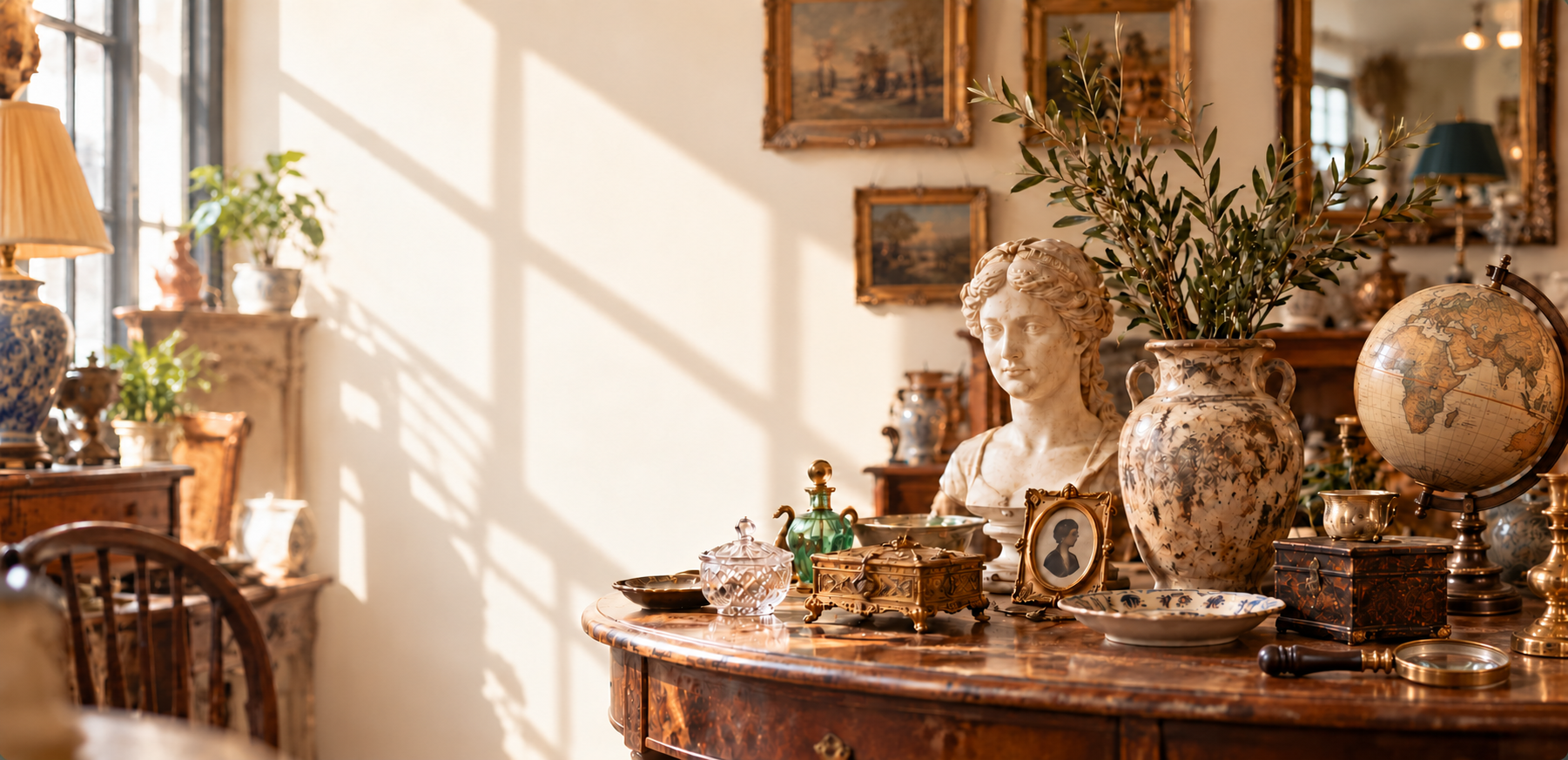 Sunlit antique room with a marble bust, ceramic vase, globe and collectibles on a wooden table